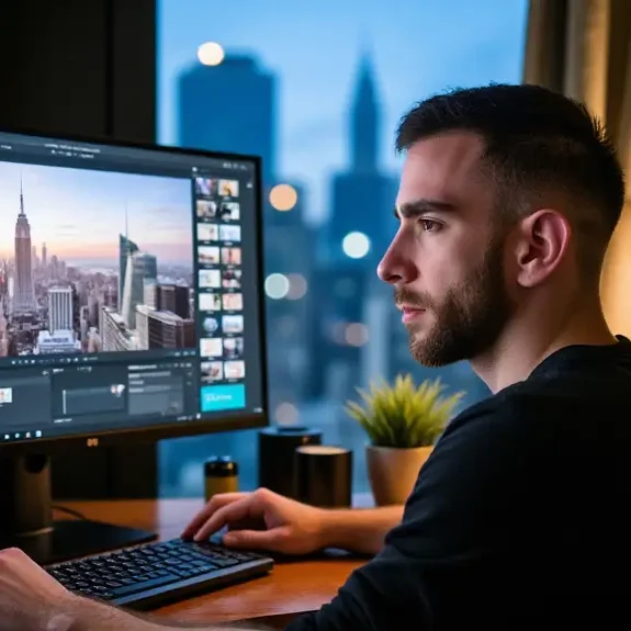 NYC video editor working on a project with city skyline in background