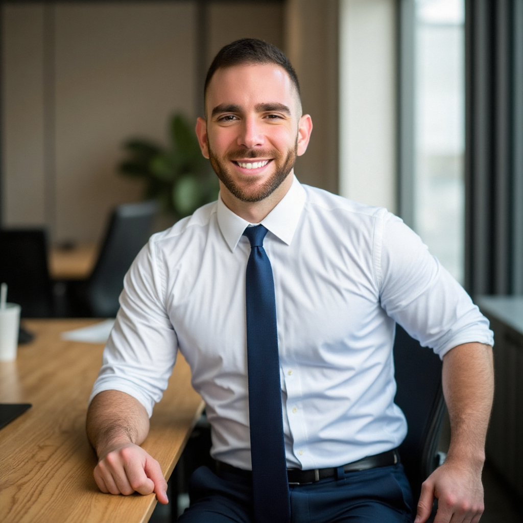 a man in a tie sitting at a desk