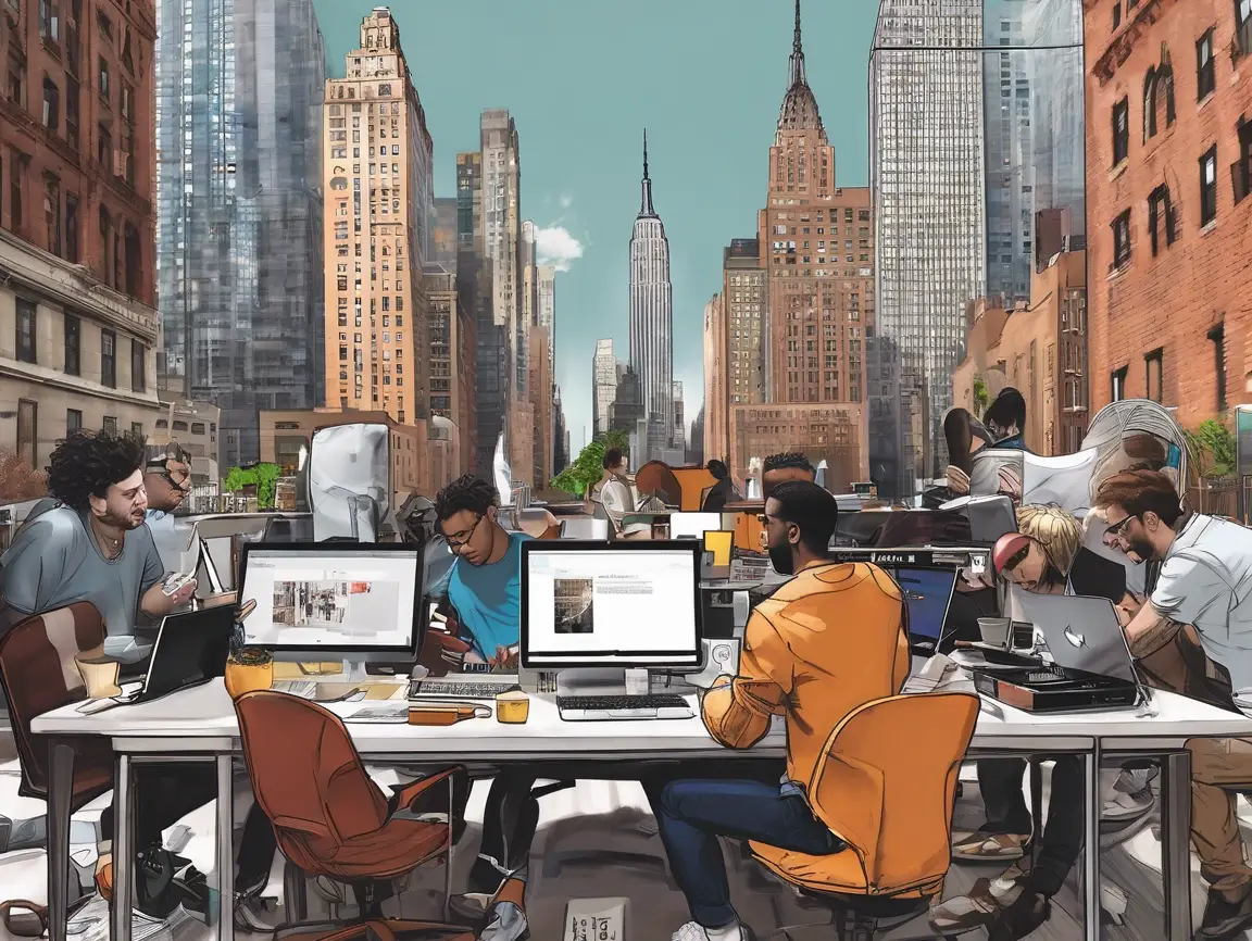 Group of individuals working at desks with computers in a city office environment featuring skyscrapers in the background.
