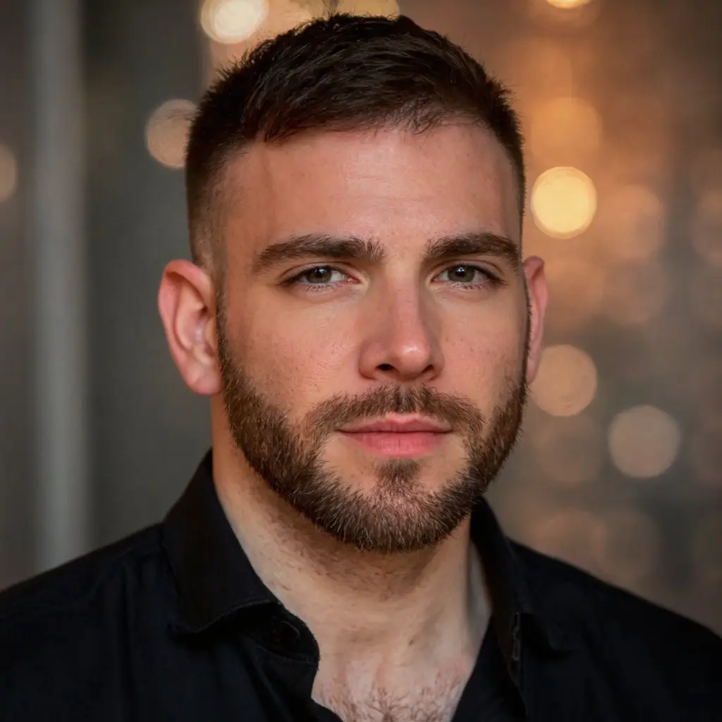 Close-up portrait of a man with short hair and a beard, wearing a black shirt against a blurred background. Close-up portrait of a man with short hair and a beard, wearing a black shirt against a blurred background.