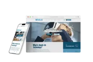 Website mockup of Hands-On Technology displayed on a computer and smartphone with a person using VR headset.