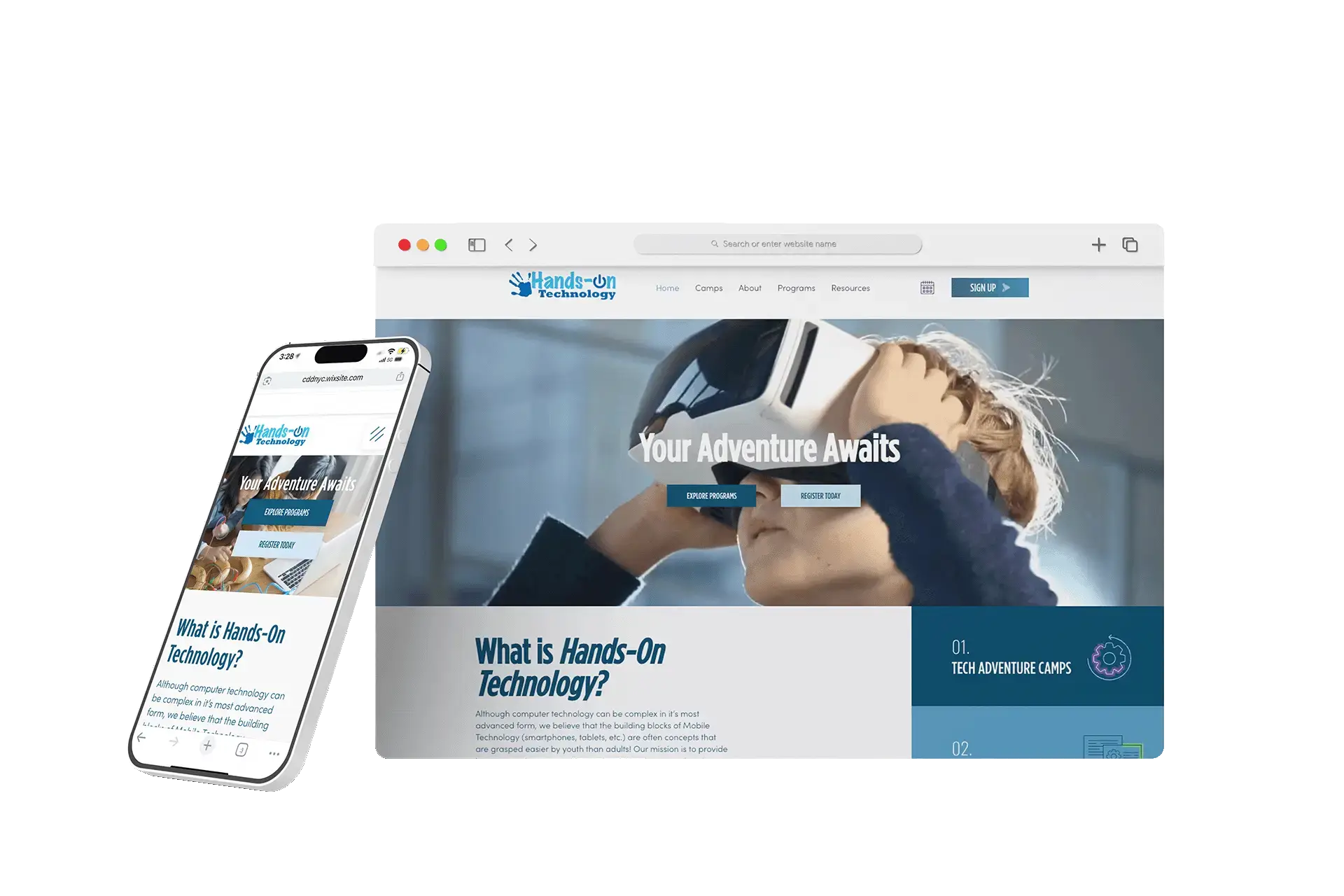 Website mockup of Hands-On Technology displayed on a computer and smartphone with a person using VR headset.
