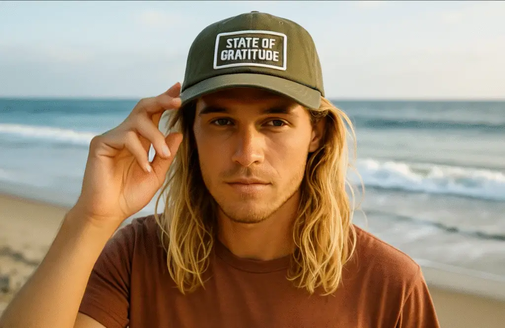 Young man with long hair wearing a green cap that says 'State of Gratitude' on the beach. Young man with long hair wearing a green cap that says 'State of Gratitude' on the beach.