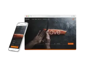 Mockup of Cove restaurant website displayed on a computer and mobile device with salmon fillet.