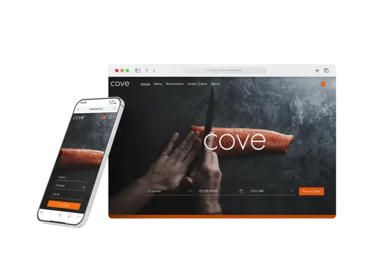 Mockup of Cove restaurant website displayed on a computer and mobile device with salmon fillet.