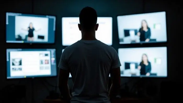 Individual standing in front of multiple computer monitors displaying various images and videos. Individual standing in front of multiple computer monitors displaying various images and videos.