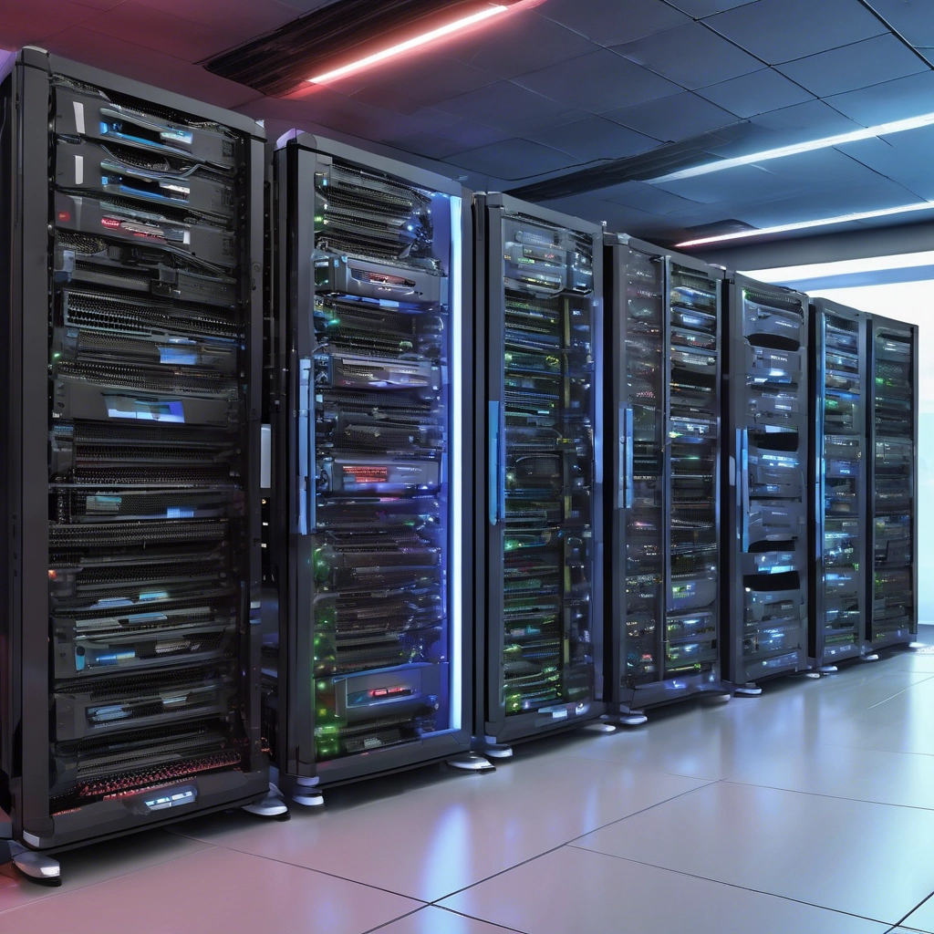 Row of server racks with illuminated components in a data center environment.