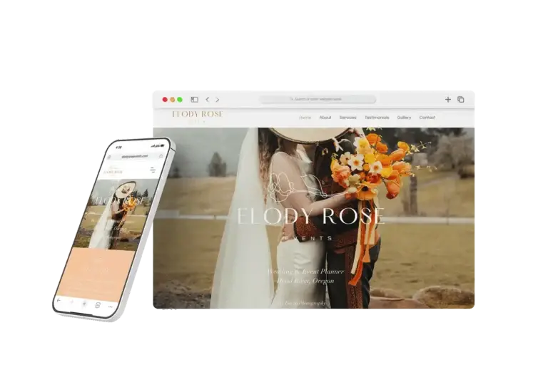 Mockup of Elody Rose Events website displayed on a computer and mobile device.