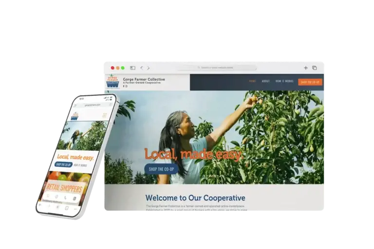 Website mockup of the Gorge Farmer Collective displayed on a computer and mobile device.
