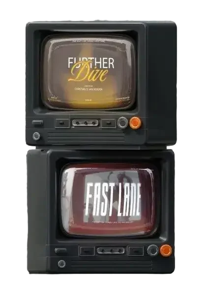 Two vintage televisions, stacked vertically, showcase "FURTHER DIVE" and "FAST LANE." With dark casings and orange knobs, this setup captures the innovative spirit of a creative agency.