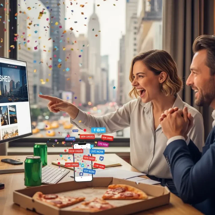 A couple joyfully interacting with a computer screen while enjoying pizza and drinks at a table.