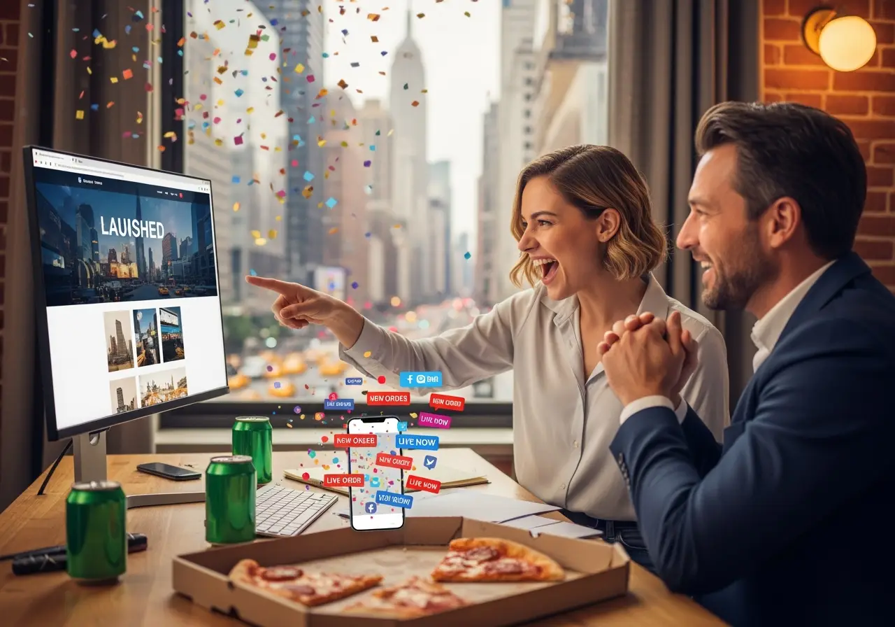 A couple joyfully interacting with a computer screen while enjoying pizza and drinks at a table.