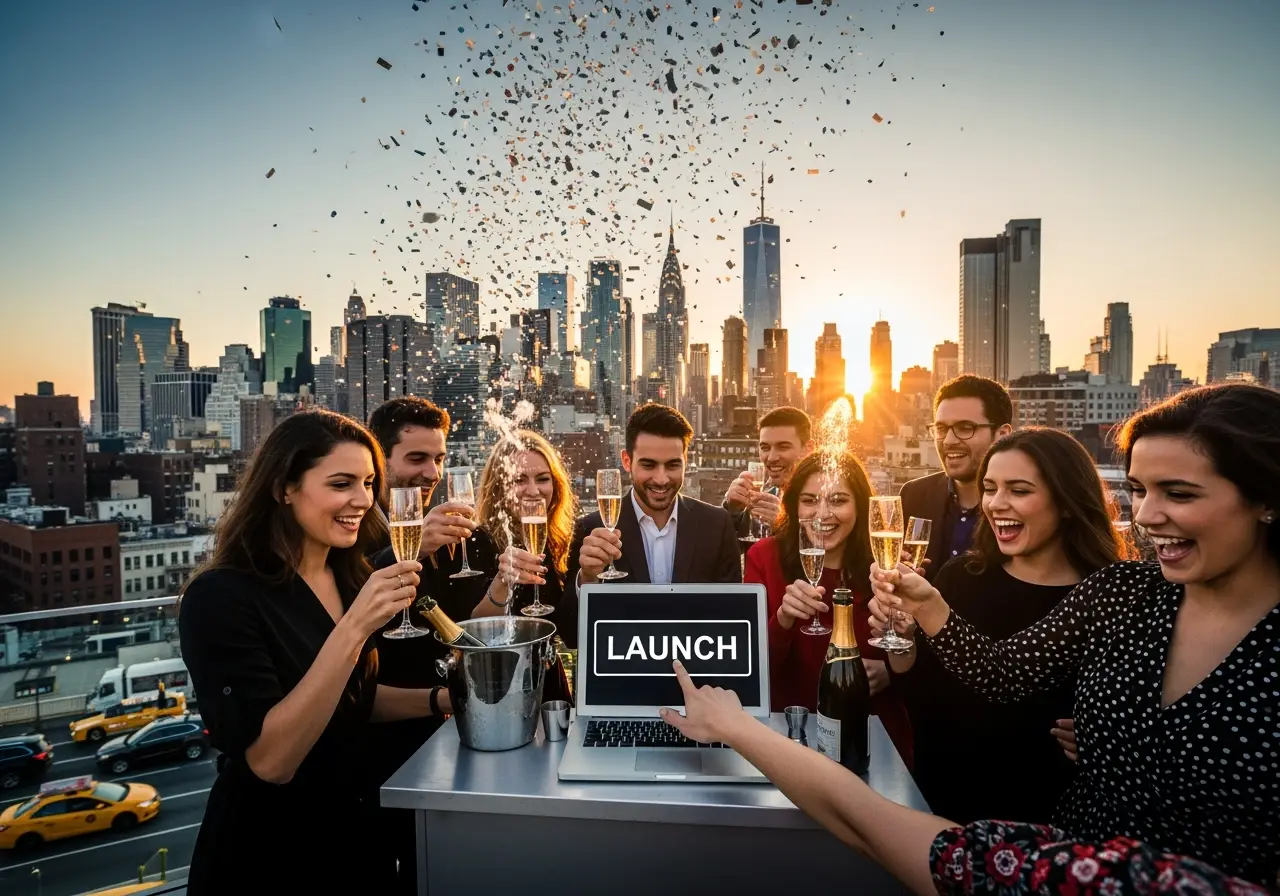 A group of people celebrating with champagne and confetti in an urban setting at sunset.