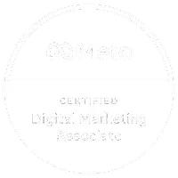 A round badge with the Meta logo and text reading "Certified Digital Marketing Associate," perfect for showcasing your expertise at any creative agency.