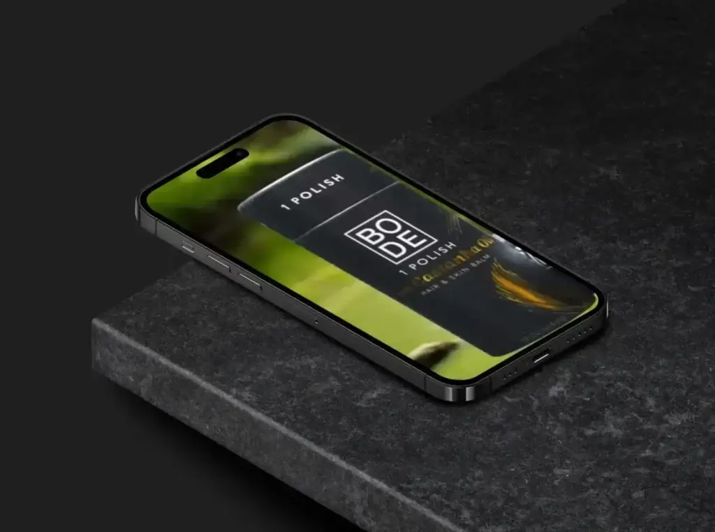 Isometric view of a smartphone displaying a product labeled '1 Polish' on a dark surface.