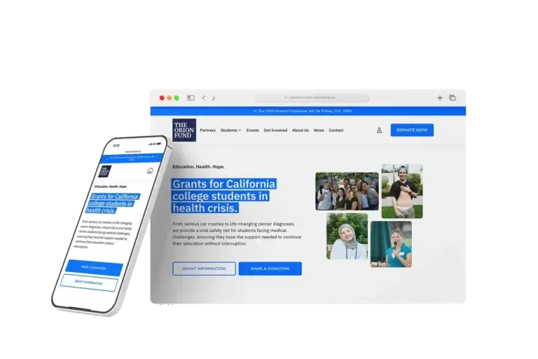 Mockup of a website displaying grants for California college students in health crises on desktop and mobile devices.