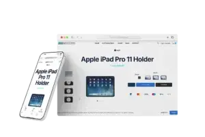 Website display of an Apple iPad Pro 11 holder with product details and pricing information.