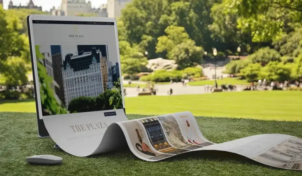 Computer monitor showing The Plaza website with a printed brochure on grass. Computer monitor showing The Plaza website with a printed brochure on grass.