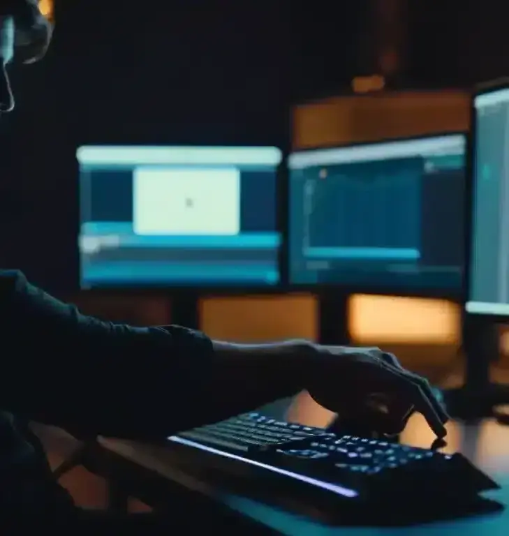 Silhouette of a person using a keyboard while editing video on multiple computer monitors. Silhouette of a person using a keyboard while editing video on multiple computer monitors.