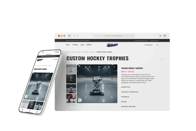 Website displaying custom hockey trophies with product images and details on a computer and mobile device.