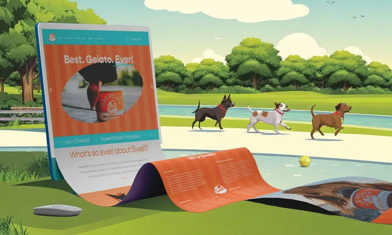 An illustration of a folded tablet displaying a website, with dogs walking in a park setting. An illustration of a folded tablet displaying a website, with dogs walking in a park setting.