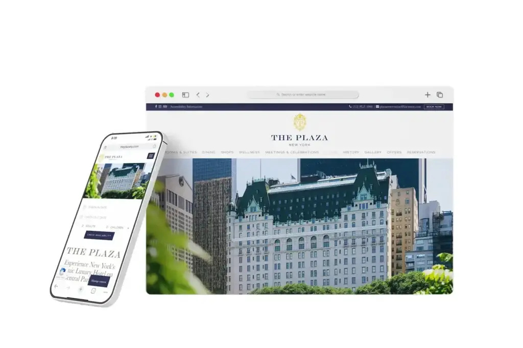 Mockup of The Plaza Hotel website displayed on a computer and smartphone. Mockup of The Plaza Hotel website displayed on a computer and smartphone.