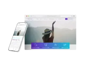 Website mockup displaying a woman in a hat with her hand raised, viewed on a computer and mobile device.