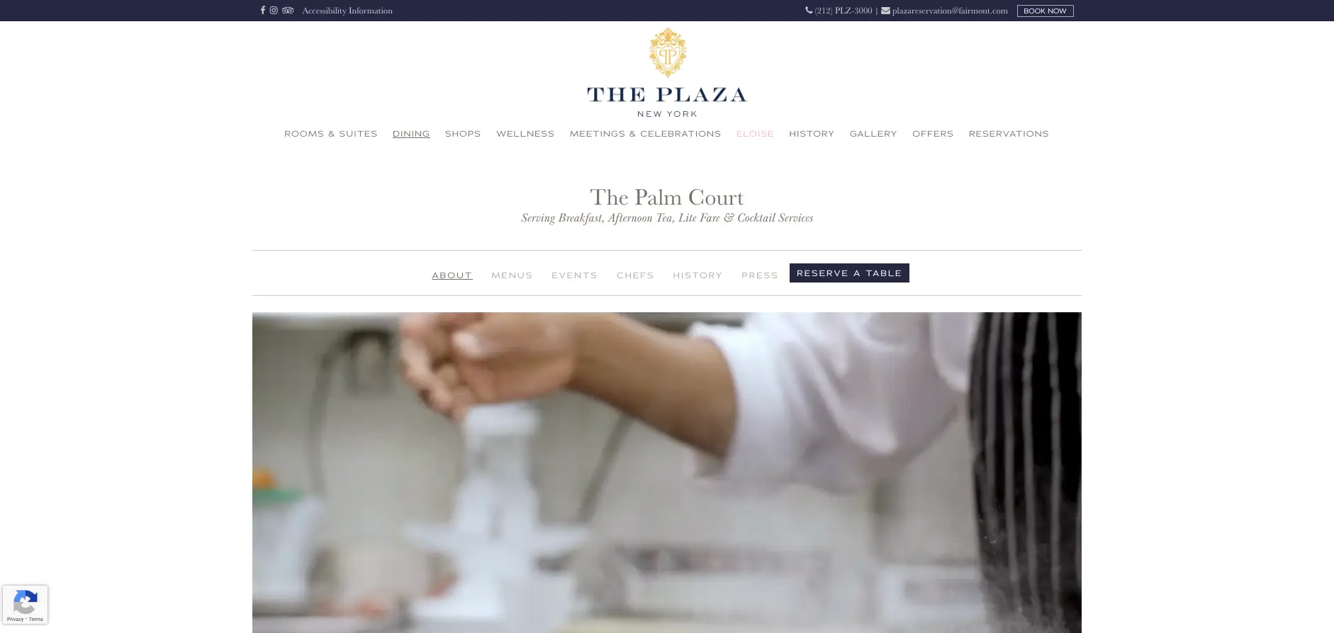 Interior view of The Palm Court at The Plaza Hotel featuring a dining area and elegant decor.