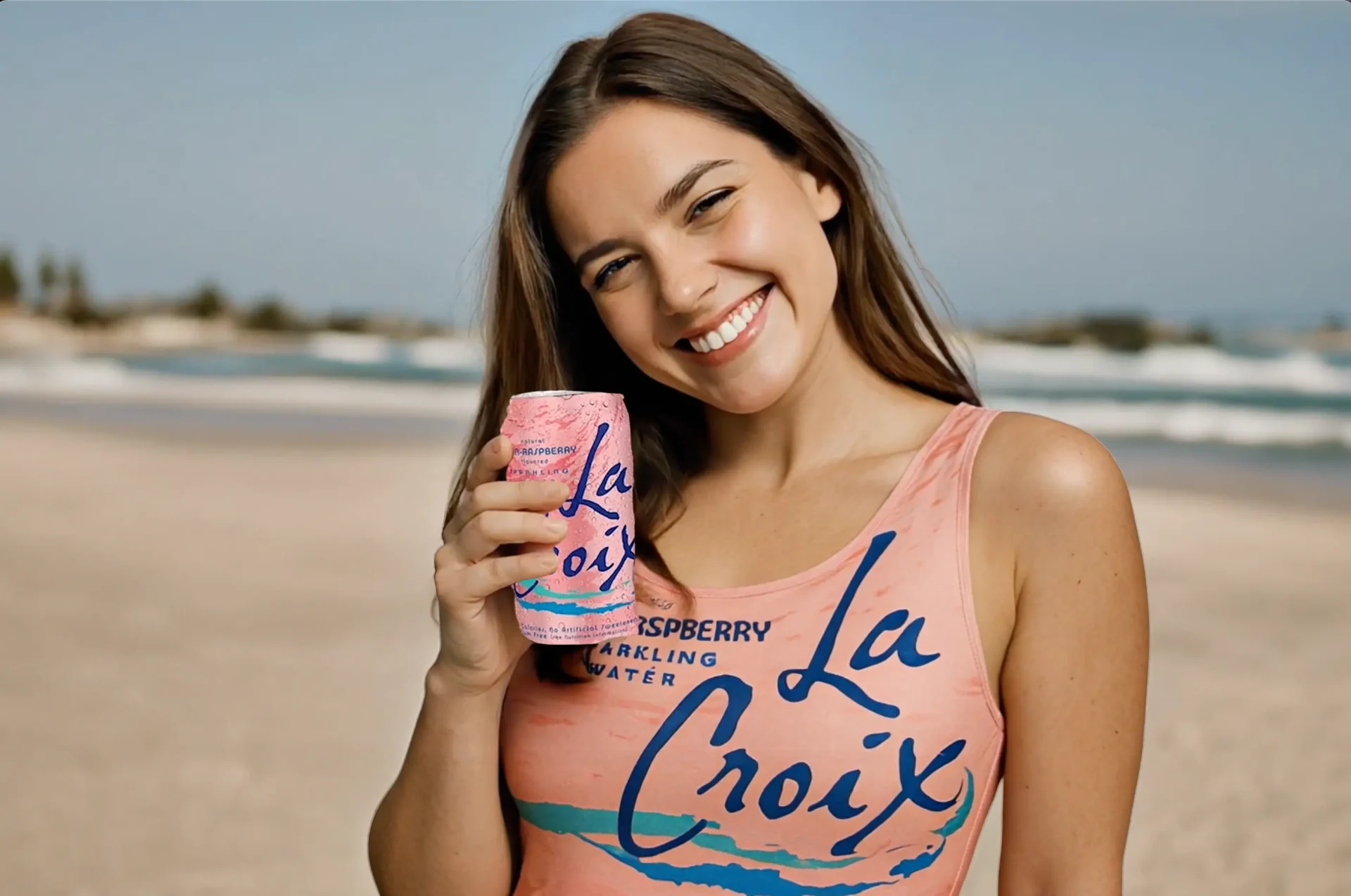 Woman in a pink La Croix tank top holding a can of La Croix sparkling water on a beach.