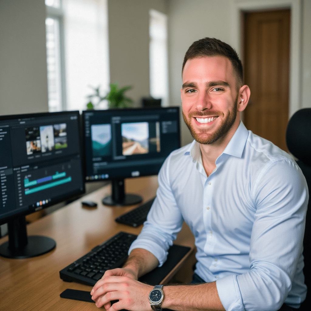 A man with short hair and a light blue shirt sitting at a desk with two computer monitors displaying content.