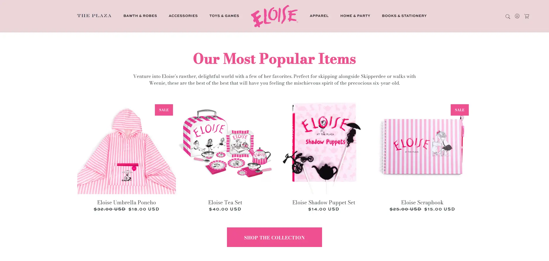 Display of popular Eloise merchandise including a poncho, tea set, puppet set, and scrapbook.