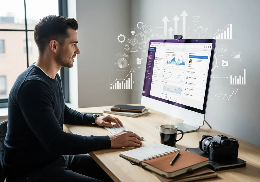 Man sitting at a desk using a computer with analytics and graphs displayed on the screen.