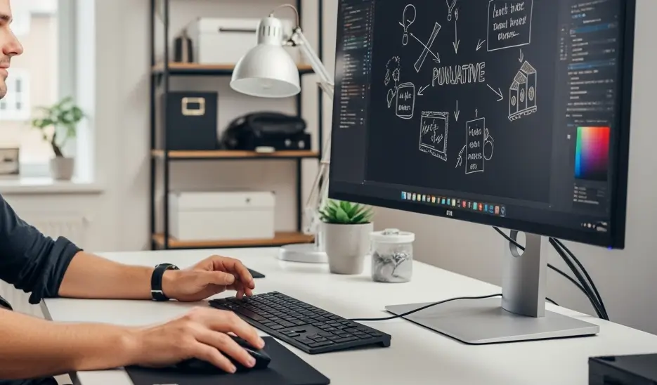 Individual working on a computer with graphic design software displaying sketches and notes on the screen.