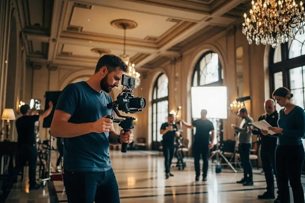 A videographer holding a camera rig while filming in a large indoor space with chandeliers.