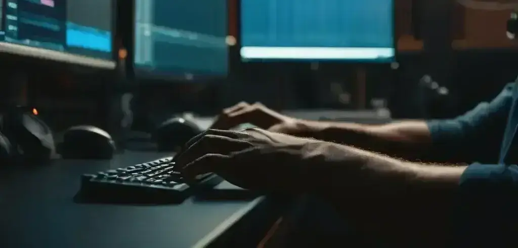 Silhouette of a person typing on a keyboard while editing video on dual computer monitors.