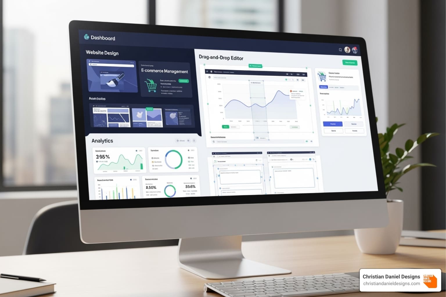 A dashboard showing various design and business tools, including analytics, e-commerce, and drag-and-drop editor - online web page designer