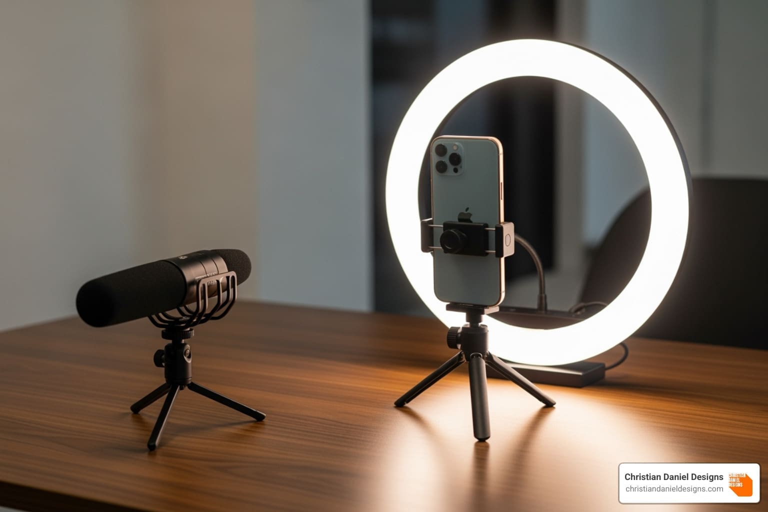a simple video recording setup with a smartphone, ring light, and microphone - video content for small business