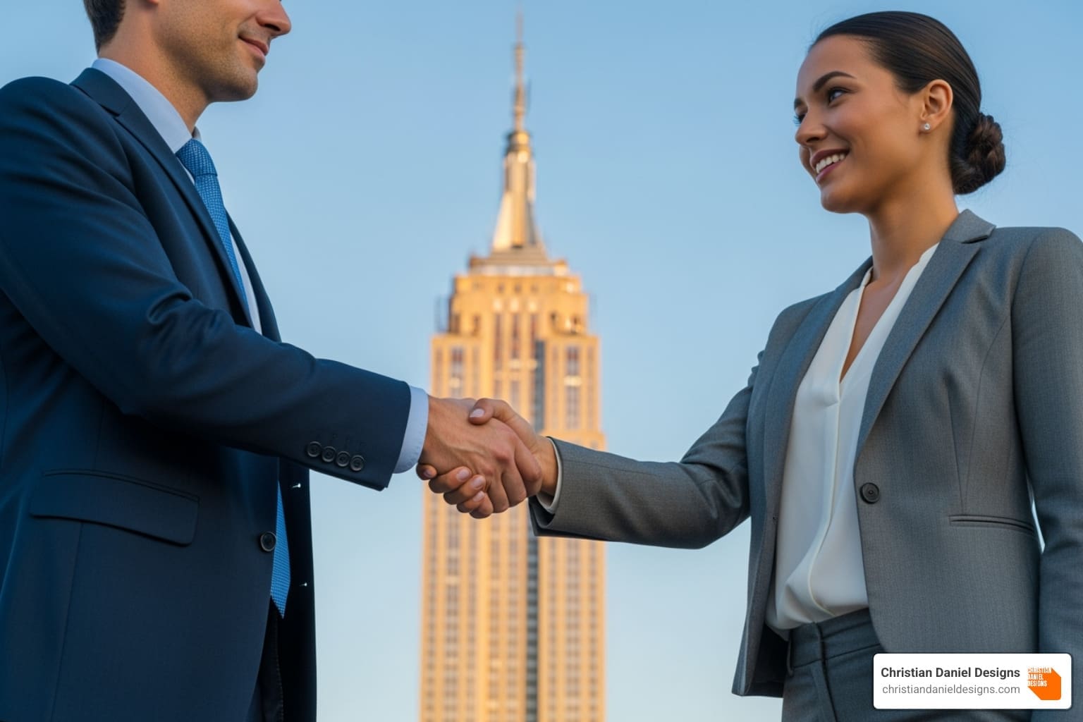 A handshake with a NYC landmark in the background - wordpress designers nyc