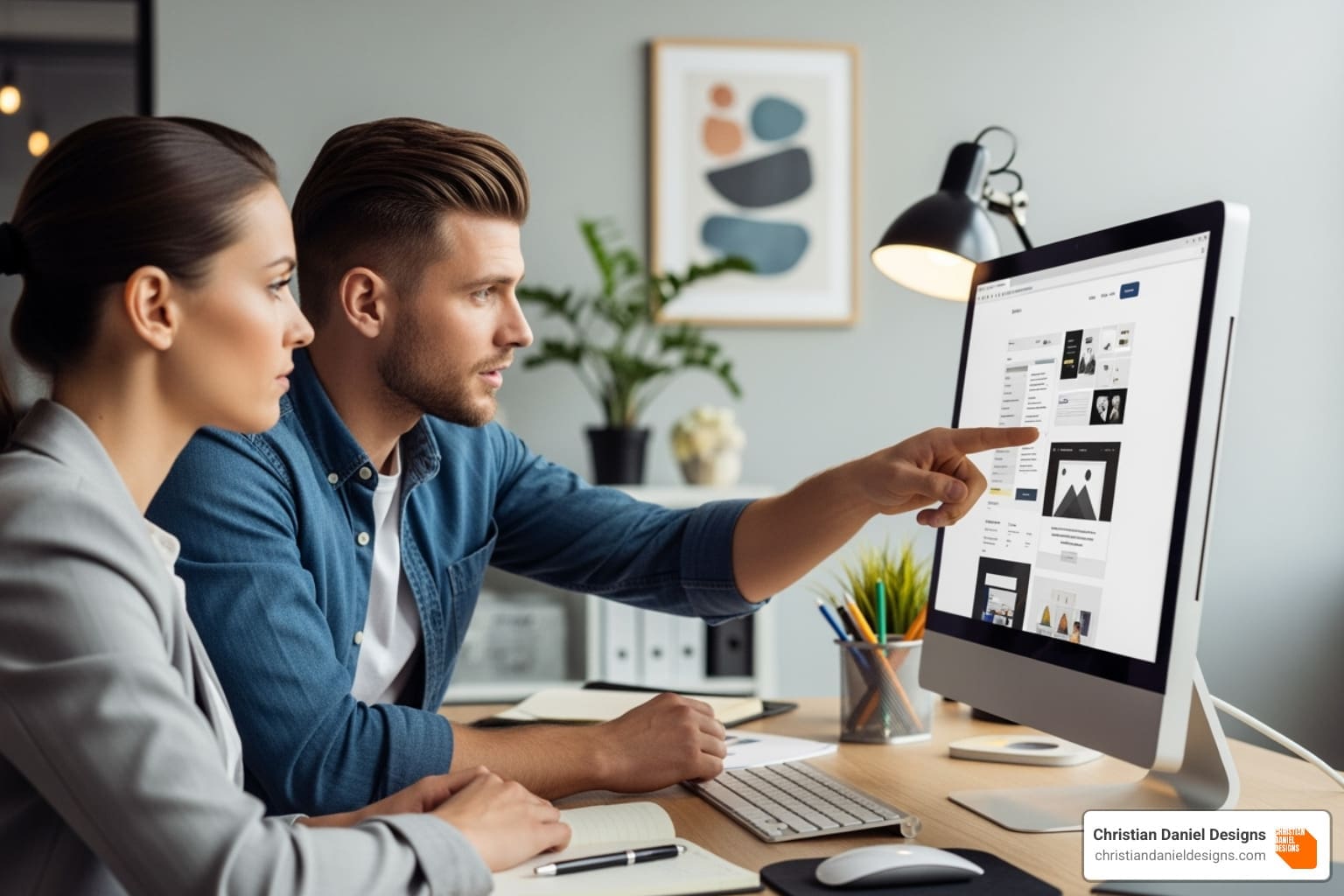A designer and client collaborating over a screen in a modern office - wordpress designers nyc