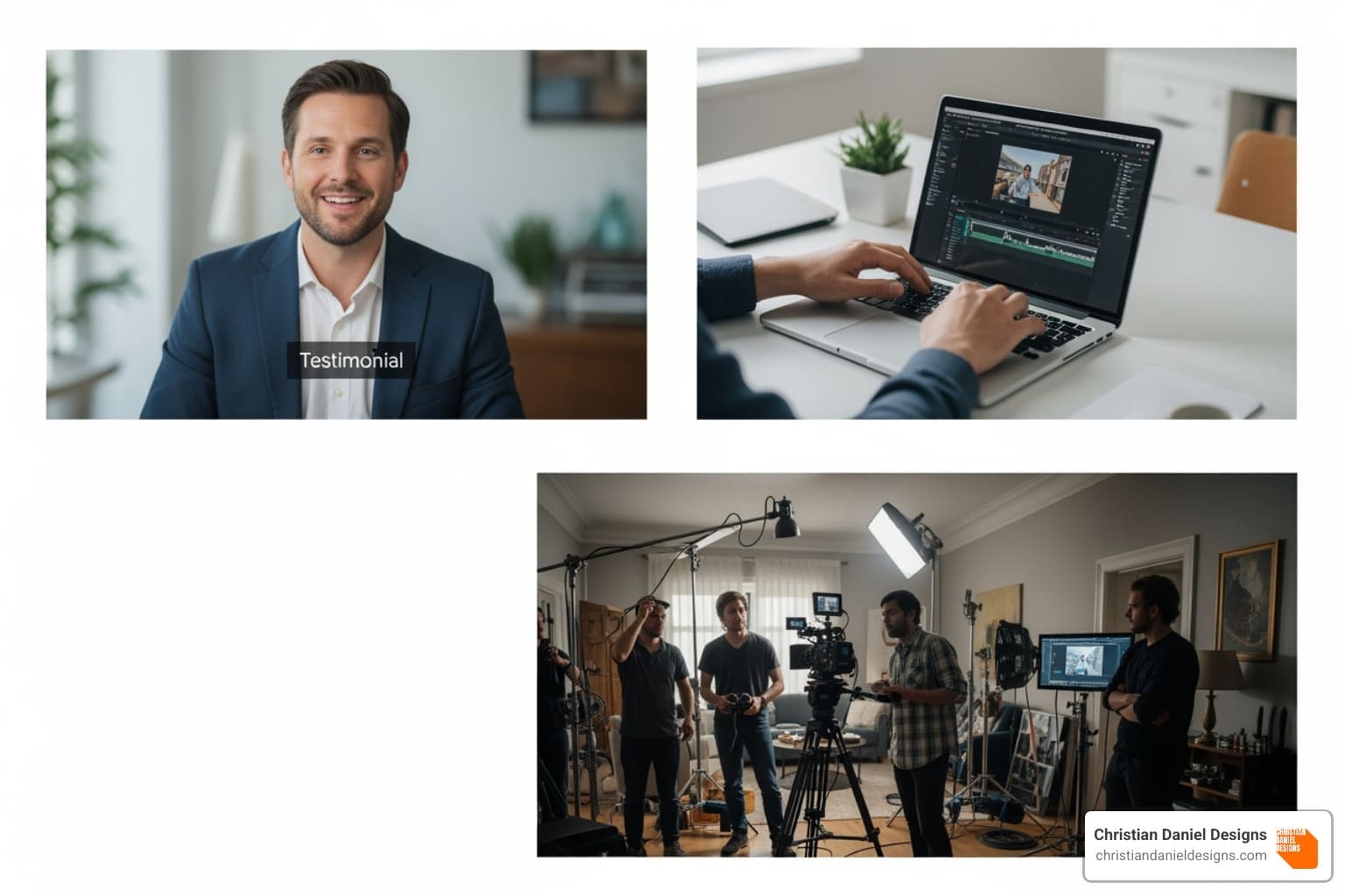 a collage showing different video types like a testimonial, a demo, and a behind-the-scenes shot - video content for small business