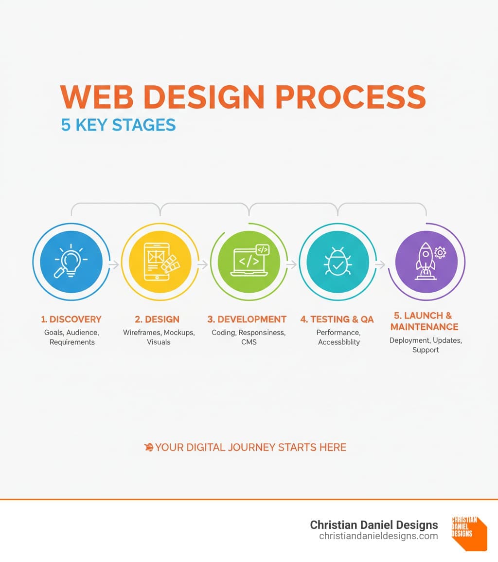 Infographic showing the 5 key stages of the web design process: 1. Discovery - Understanding client goals, target audience, and project requirements; 2. Design - Creating wireframes, mockups, and visual concepts with brand elements; 3. Development - Building the functional website with responsive code and content management; 4. Testing & QA - Checking performance, browser compatibility, mobile responsiveness, and accessibility; 5. Launch & Maintenance - Deploying the site live and providing ongoing updates and support - web designer infographic 