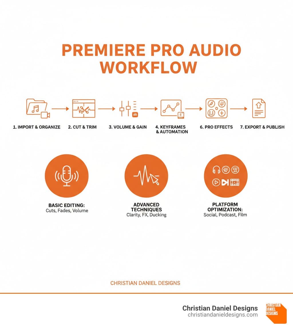 Infographic showing the complete audio editing workflow in Premiere Pro, from importing clips and organizing tracks, through basic editing with cuts and volume adjustments, to advanced techniques like Essential Sound Panel improvement, keyframe automation, and professional effects application, ending with export settings for different platforms - Audio editing Premiere Pro infographic 