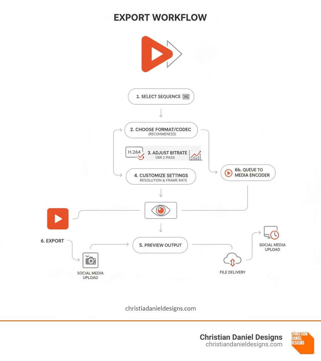 infographic showing the complete Premiere Pro export workflow from selecting a sequence, choosing format and codec (H.264 recommended), adjusting bitrate settings (VBR 2-pass), customizing resolution and frame rate, previewing the output, and clicking export or queue to Media Encoder, with branching paths for direct social media upload or file delivery - Exporting video Premiere Pro infographic 
