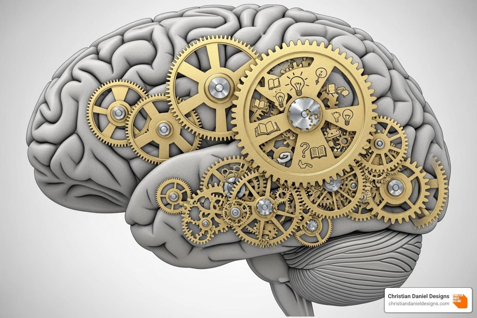 image of a brain with gears turning, illustrating information retention - whiteboard video marketing