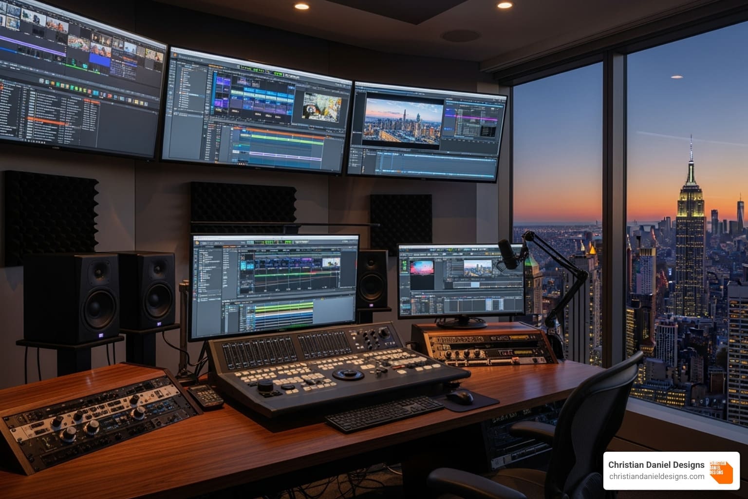 Modern video editing suite with a view of the NYC skyline - video editing services nyc