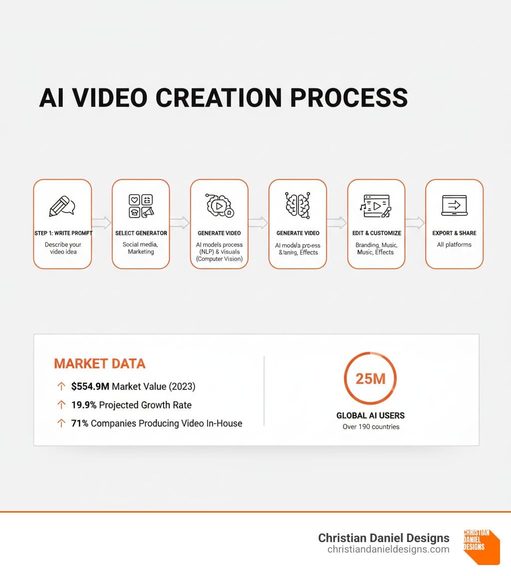 Infographic showing the AI video creation process: Step 1 - Write a prompt describing your video idea; Step 2 - Select an AI video generator based on your needs (social media, training, marketing); Step 3 - Generate video with AI models processing text through NLP and computer vision; Step 4 - Edit and customize with branding, music, and effects; Step 5 - Export and share across platforms. Includes market data: $554.9M market value in 2023, 19.9% projected growth rate, 71% of companies producing video in-house, 25M InVideo AI users globally. - how to make ai videos infographic 
