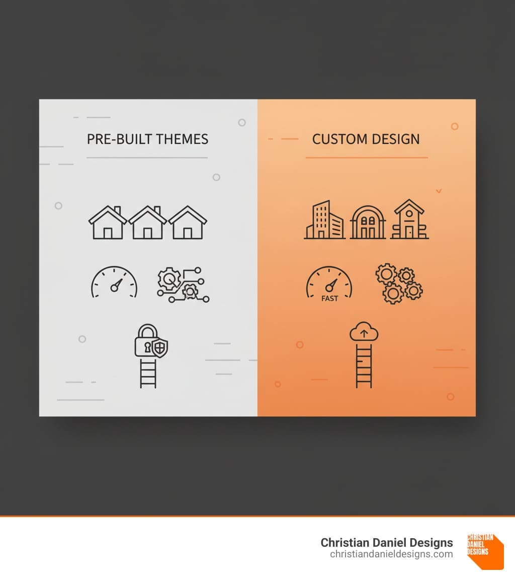 Infographic comparing pre-built WordPress themes versus custom WordPress design: Pre-built themes show limited uniqueness with generic layouts used by thousands of sites, average performance with bloated code and unnecessary features, moderate security with common vulnerabilities, and limited scalability requiring workarounds for custom features. Custom WordPress design shows complete uniqueness with one-of-a-kind layouts tailored to your brand, superior performance with clean optimized code and faster load times, enhanced security with purpose-built code and fewer vulnerabilities, and unlimited scalability with features that grow with your business needs. - Custom WordPress design infographic 