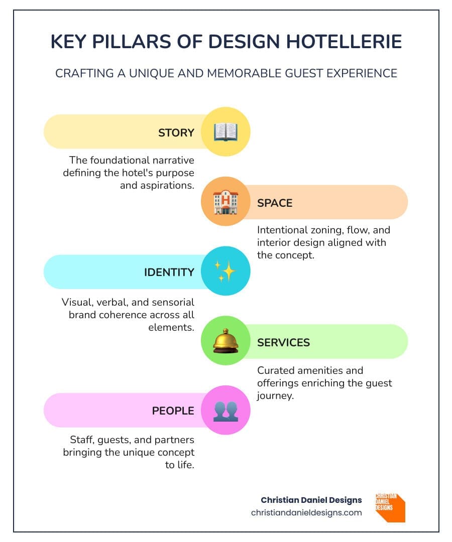 Infographic showing the 7 components of successful hotel concept design: 1) Story (the foundational narrative that defines your property's role and aspirations), 2) People (employees, guests, and partners who bring the concept to life), 3) Space (zoning, flow, and interior design aligned with your story), 4) Identity (visual, verbal, and sensorial brand coherence), 5) Services (amenities that enrich the guest experience and reflect your story), 6) Content (intellectual property and communication assets that showcase your brand), and 7) Channels (digital and physical marketing touchpoints that broadcast your story) - design hotellerie infographic infographic-line-5-steps-colors