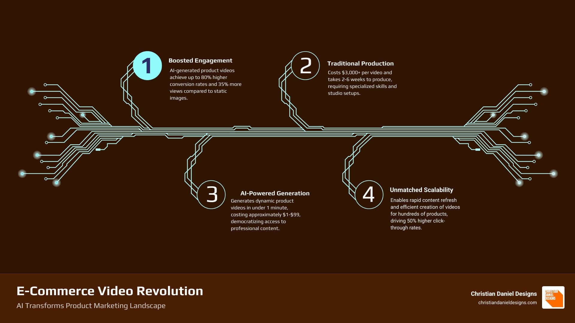 Infographic showing the e-commerce video revolution: static product images converting at baseline rates vs AI-generated product videos achieving 80% higher conversions, 35% more views, and 50% higher click-through rates, with a timeline showing traditional production taking 2-6 weeks and costing $3,000+ compared to AI generation taking under 1 minute and costing approximately $1-99 - 3d product video ai infographic infographic-4-steps-tech
