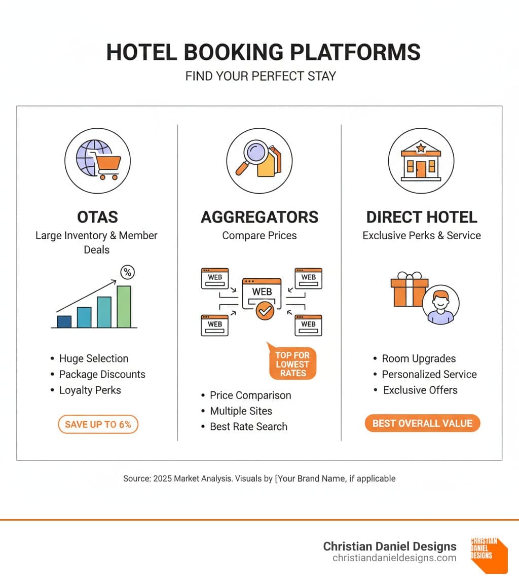 Infographic showing the differences between OTAs with large inventories and member discounts, Aggregators that compare prices across multiple sites, and Direct Hotel Websites offering exclusive perks and better customer service - top hotel websites infographic 